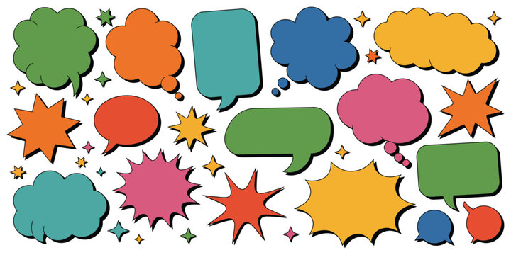 Comic book speech bubbles, colorful burst shapes, pop art conversation elements, vibrant cartoon callouts