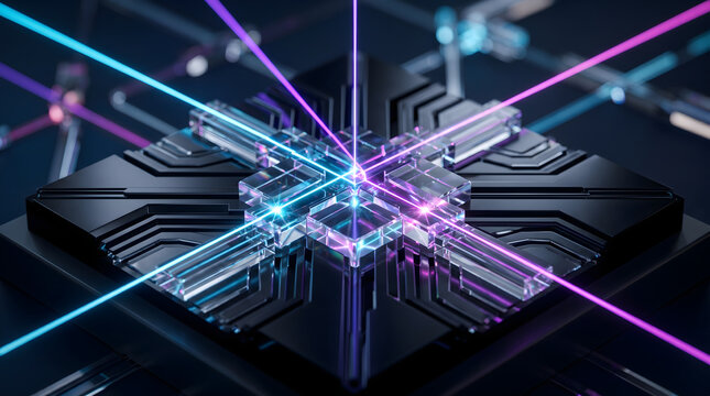 Advanced Quantum Photonic Processor Chip with Glowing Laser Light Beams Concept.