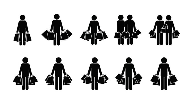 Black silhouettes of people carrying bags.