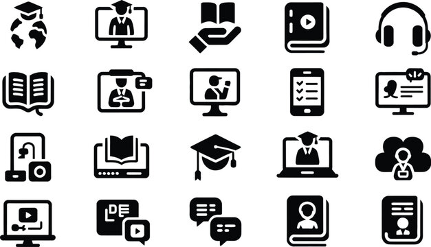 Black icons for education learning and online courses on white background