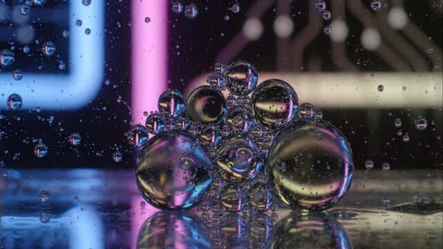 Colorful Bubbles on Reflective Surface Closeup.