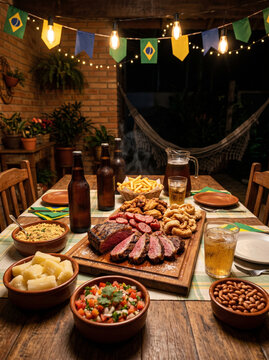 Brazilian barbecue with drinks and side dishes served at night
