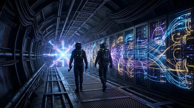  Futuristic Quantum Computing Data Center Server Tunnel Room.