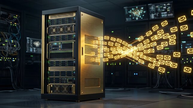 Premium Gold Data Center Server Rack Secure Email Gateway Concept.