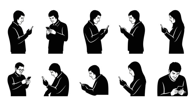 People using mobile phones in various poses.