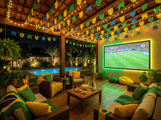 Naklejka premium Outdoor patio setup for watching soccer game at night