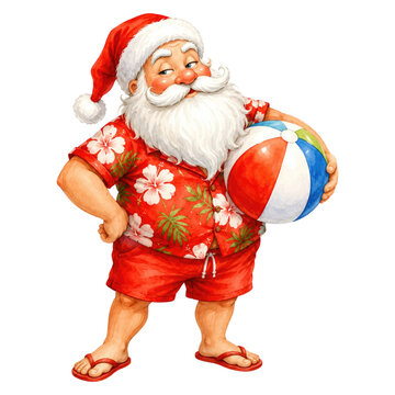 Jolly Santa Claus in a Santa hat wearing a red Hawaiian shirt and shorts, holding a colorful beach ball and wearing flip-flops, festive summer beach illustration