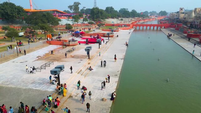 Aerial view of Shri Ram Mandir, Ayodhya, Shri Hanuman Garhi Mandir, Lata Mangeshkar Chowk and Ram ki Paidi Ghats