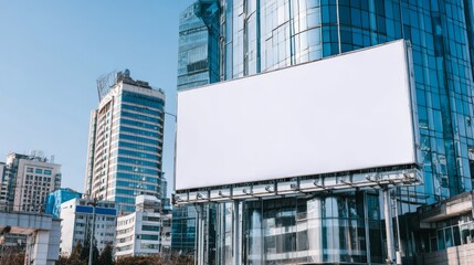 Obraz premium Empty outdoor display ready for brand promotion. White board against a sleek city skyscraper, clean blue sky above