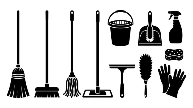 Cleaning supplies and tools collection.