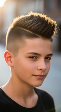 Stylish Young Boy with Modern Undercut Hairstyle Outdoors at Sunset