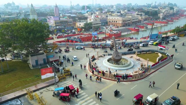 Aerial view of Shri Ram Mandir, Ayodhya, Shri Hanuman Garhi Mandir, Lata Mangeshkar Chowk and Ram ki Paidi Ghats