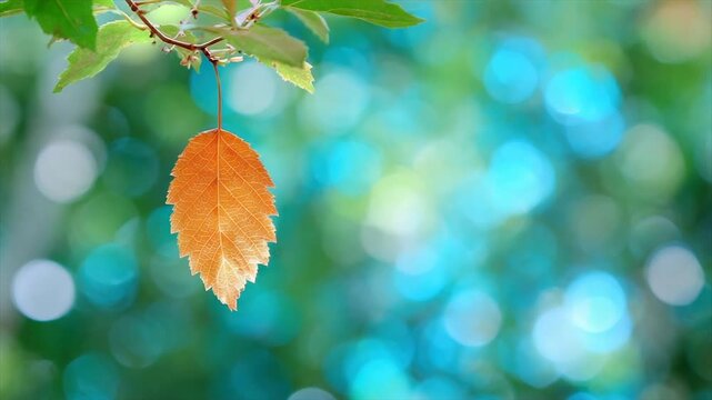 A solitary orange leaf hangs from a branch against a bokeh background of blues and greens