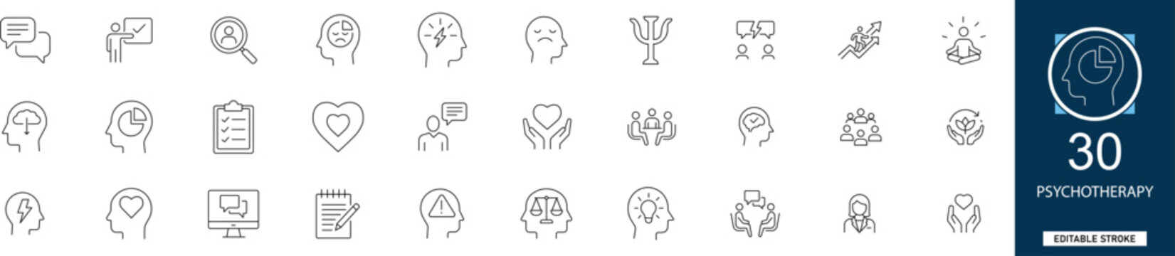 Psychotherapy line icon set with 30 icons mental health, counseling, mindfulness, therapy session, brain, emotional balance, support. Clean linear vector, editable stroke.