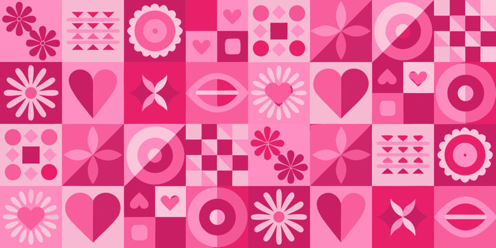 patchwork design with hearts and flowers in pink shades