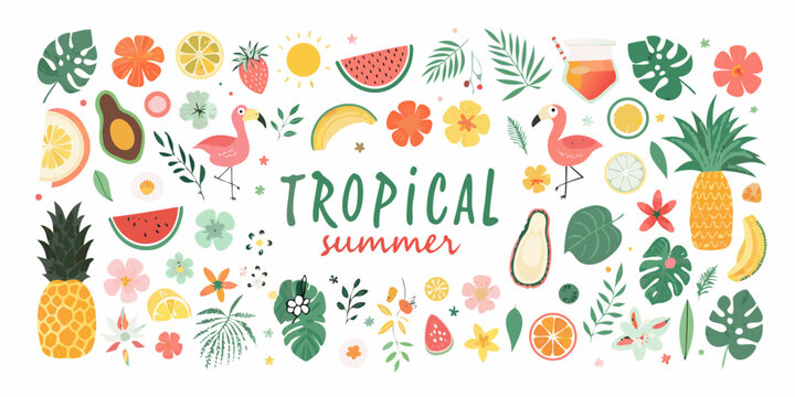 tropical fruits and flowers vector illustration pineapple