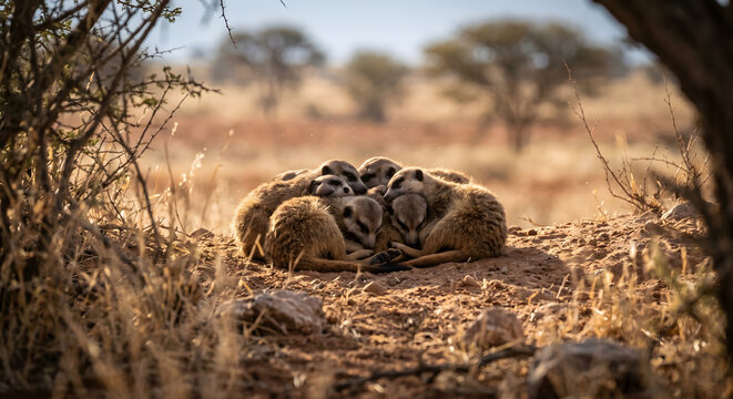 A group of meerkats huddled together for warmth in the desert landscape