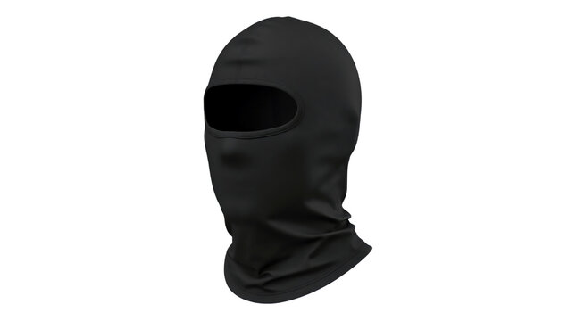 A plain black fabric balaclava ski mask with a single large eye opening is displayed in a three-quarter view against a white and transparent background.