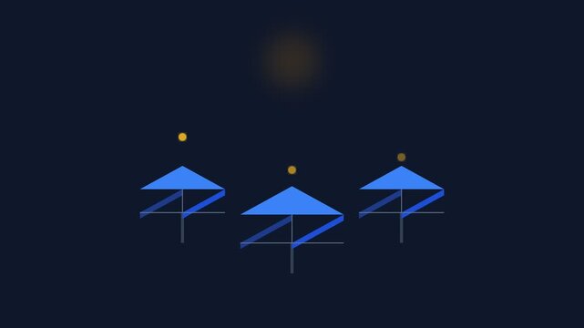 Minimalist blue geometric umbrellas under a soft sun in dark blue space