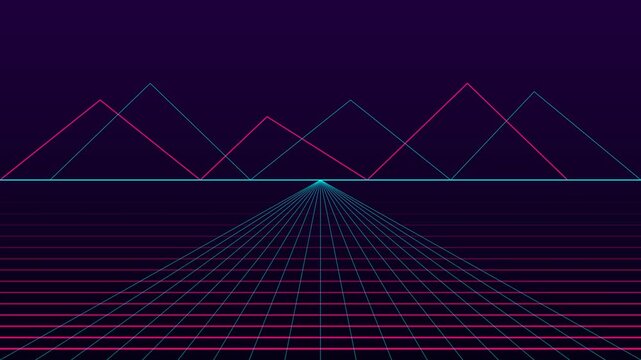 Retro synthwave landscape with glowing mountains and a digital horizon grid