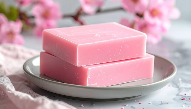 Two pastel pink bars of soap stacked, with blurred pink blossoms and fabric