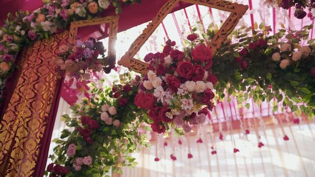 Cinematic Camera Pan of Wedding Flower Decoration with Sun Lens Flare