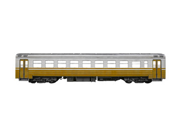 Orange passenger rail train car isolated on transparent background. © Dmytro