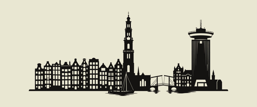 Netherlands Amsterdam Skyline Silhouette. Vector