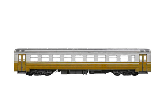 Orange passenger rail train car isolated on transparent background.