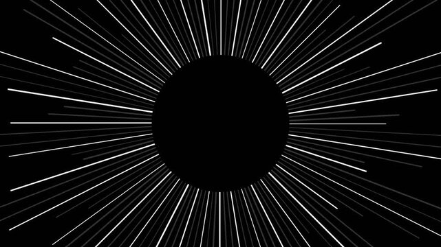 Minimalist black circle surrounded by radiating white lines on dark background