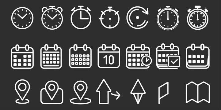 Address icon set, calendar date clock time and location symbols, outline navigation icons, editable stroke vector design elements.