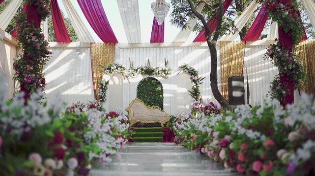 Cinematic Camera Movement Zoom In to Wedding Stage Decoration