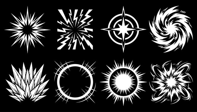 Set of comic book explosion and impact effects cartoon style blast, crash, boom, bang, zap, and shockwave elements for action scenes, manga, and graphic design