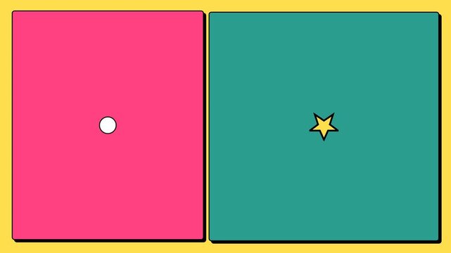 Two square panels featuring a central white circle and a yellow star icon