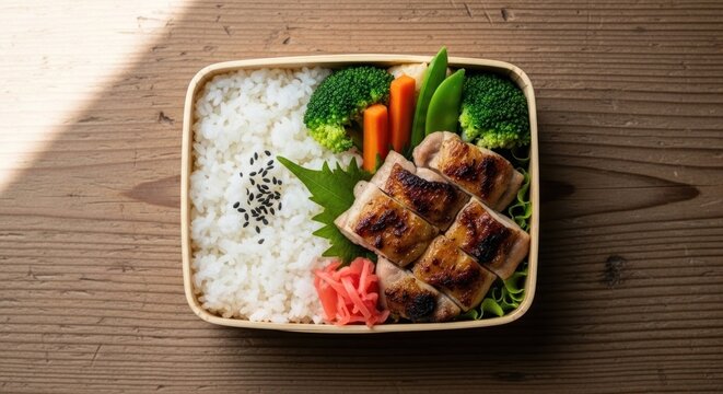 Bento box with rice vegetables and grilled chicken on wooden surface
