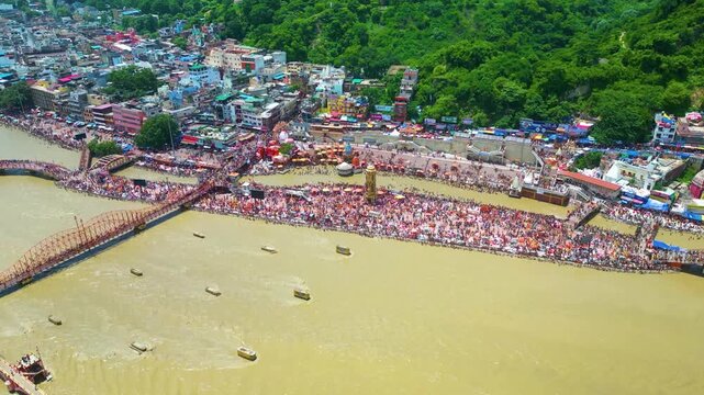 The majestic aerial view captures Haridwar's core: the sacred Har Ki Pauri ghat on the Ganges, the colossal Lord Shiva Statue, and the hilltop Mansa Devi Temple