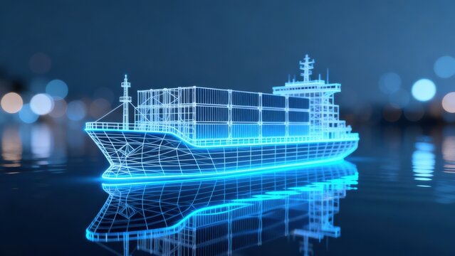 Wireframe cargo ship on water