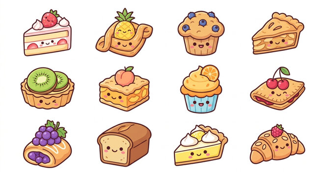 Collection of cute cartoon pastries and desserts with faces.