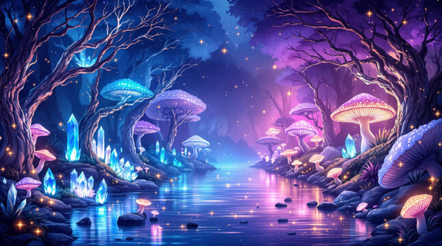Mystic marsh crystals for fairy tale cover artwork. Purple mushroom realm suits fantasy advertising assets. Shimmering river cavern creates magical game scenery