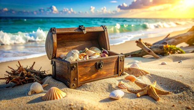 Old Treasure Chest With Seashells on Sunny Ocean Beach