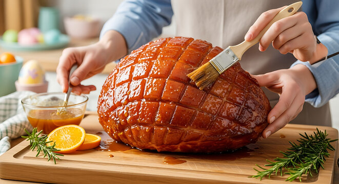 Traditional Homemade Honey Glazed Ham Roast Preparation for Easter Sunday Holiday Dinner Celebration in Rustic Kitchen with Festive Seasonal Decoration and Delicious Savory Baked Seasoned Meat.