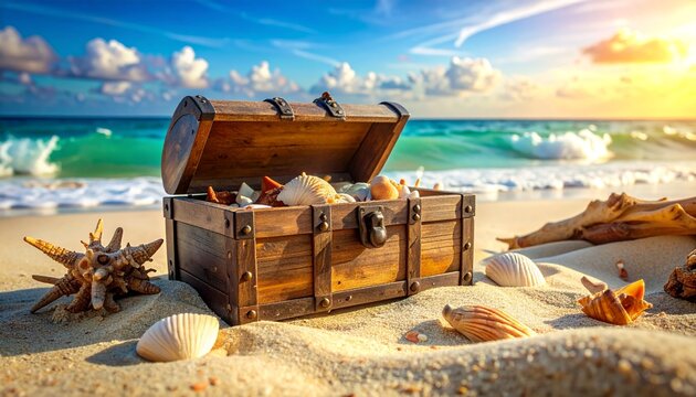 Old Treasure Chest With Seashells on Sunny Ocean Beach