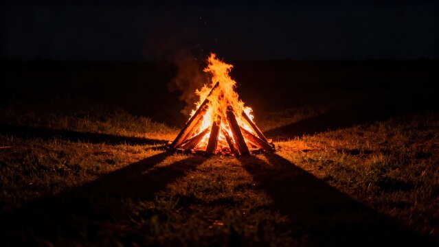 Campfire at night in grassy field