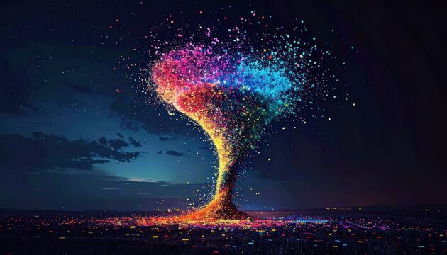 Whimsical illustration of a colorful tornado of particles against a dark, starry night sky