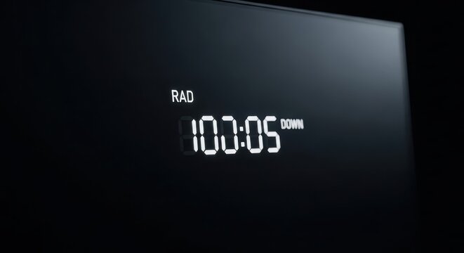 Digital countdown timer displays 100 minutes and 5 seconds with 'RAD' and 'DOWN' indicators