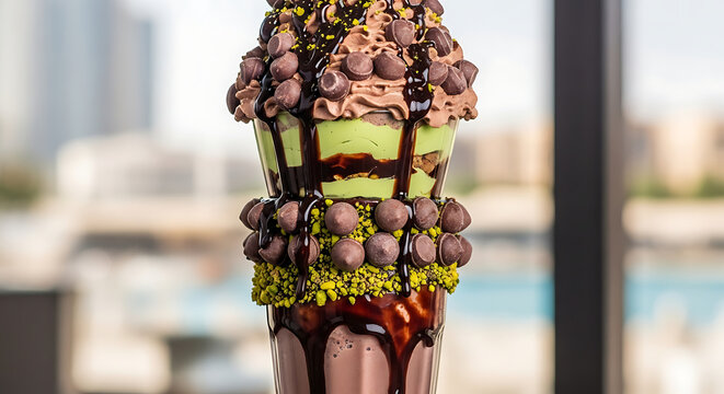 Indulgent Dubai Chocolate Milkshake Crazy Shake Featuring Dark Cocoa Cocktail with Whipped Cream Kadaif Pistachio Parfait Rich Syrup and Crunchy Nut Drops for a Gourmet Loaded Dessert Experience