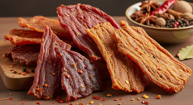 Artisanal Gourmet Beef Jerky Strips High Protein Dehydrated Meat Snack Prepared on Rustic Background Smoked Savory Delicious Appetizer Healthy Nutrition Salty Delicacy Charcuterie Concept