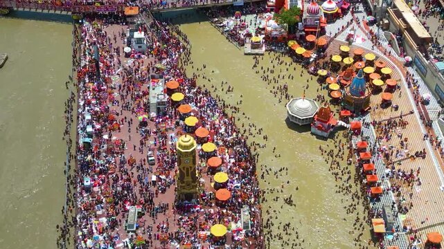 The majestic aerial view captures Haridwar's core: the sacred Har Ki Pauri ghat on the Ganges, the colossal Lord Shiva Statue, and the hilltop Mansa Devi Temple