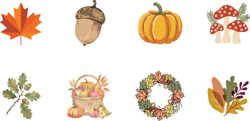 Autumn and fall vector collection featuring maple leaf pumpkin mushrooms acorn harvest basket and leaf wreath isolated on white © SreeRupali