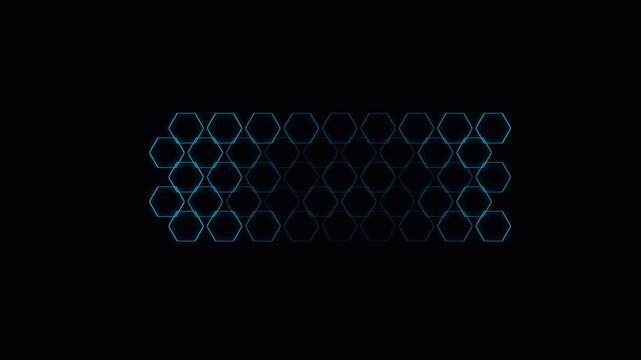 Abstract blue glowing hexagonal grid pattern on a deep black background